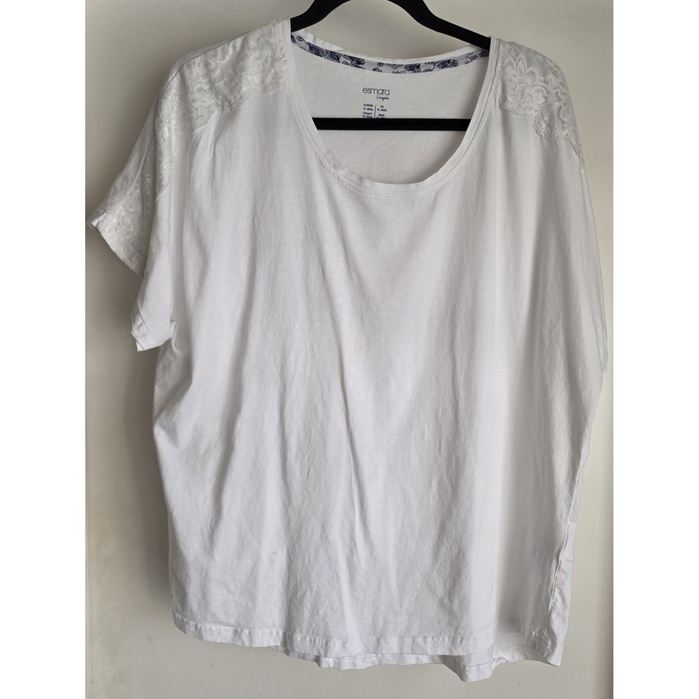 Esmara Women XL White Cotton T-Shirt Short Sleeve Solid Casual Tee Top Lace